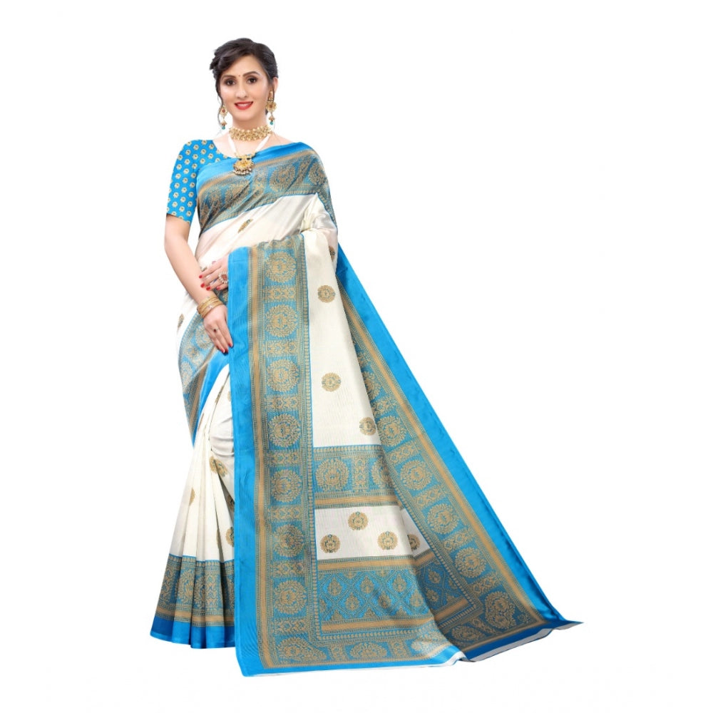 Women's Art Silk Printed Saree With Unstitched Blouse (Blue, 5-6 Mtrs)