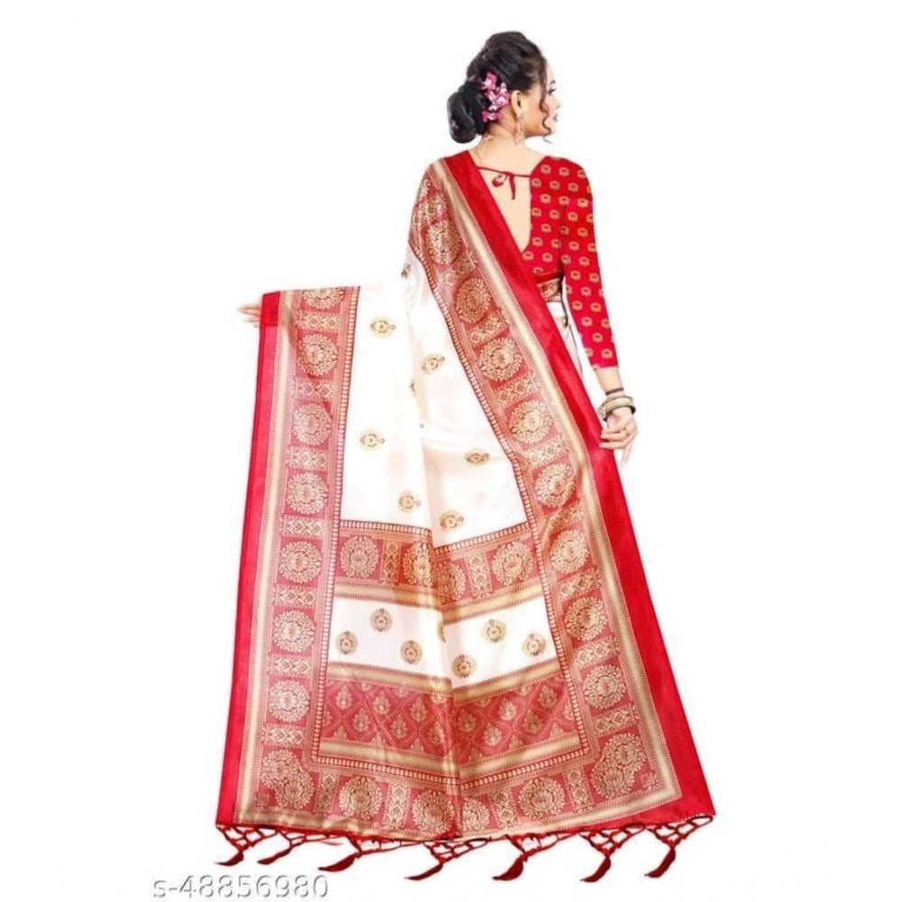 Women's Art Silk Printed Saree With Unstitched Blouse (Red, 5-6 Mtrs)