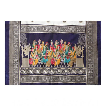 Women's Art Silk Printed Saree With Unstitched Blouse (Navy Blue, 5-6 Mtrs)