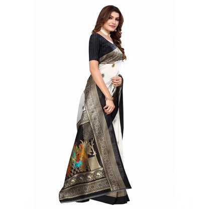 Women's Art Silk Printed Saree With Unstitched Blouse (Black, 5-6 Mtrs)