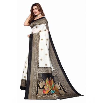 Women's Art Silk Printed Saree With Unstitched Blouse (Black, 5-6 Mtrs)