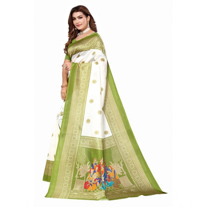 Women's Art Silk Printed Saree With Unstitched Blouse (Green, 5-6 Mtrs)