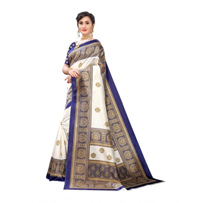 Women's Art Silk Printed Saree With Unstitched Blouse (Navy Blue, 5-6 Mtrs)