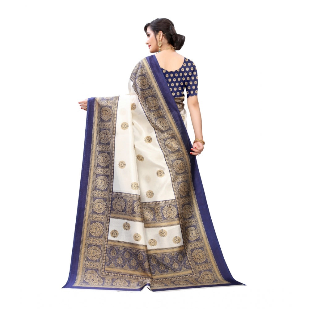 Women's Art Silk Printed Saree With Unstitched Blouse (Navy Blue, 5-6 Mtrs)