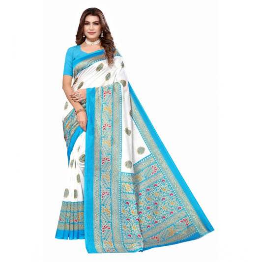 Women's Art Silk Printed Saree With Unstitched Blouse (Blue, 5-6 Mtrs)