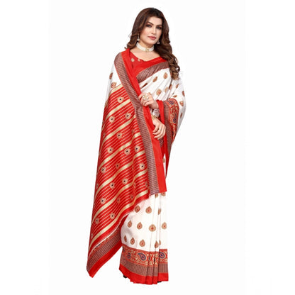 Women's Art Silk Printed Saree With Unstitched Blouse (Red, 5-6 Mtrs)