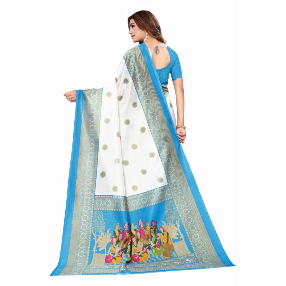 Women's Art Silk Printed Saree With Unstitched Blouse (Blue, 5-6 Mtrs)