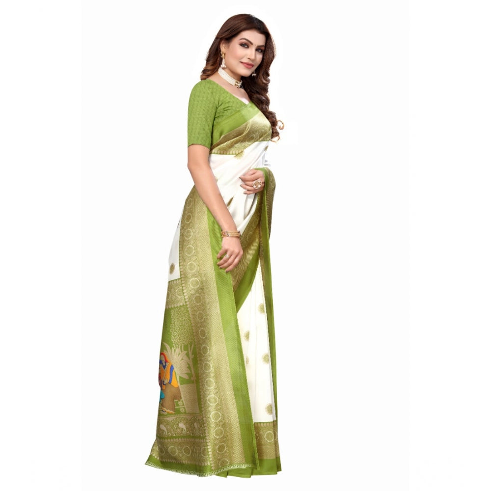 Women's Art Silk Printed Saree With Unstitched Blouse (Green, 5-6 Mtrs)