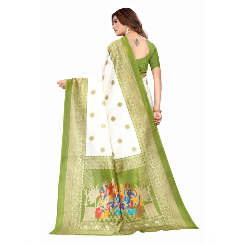 Women's Art Silk Printed Saree With Unstitched Blouse (Green, 5-6 Mtrs)