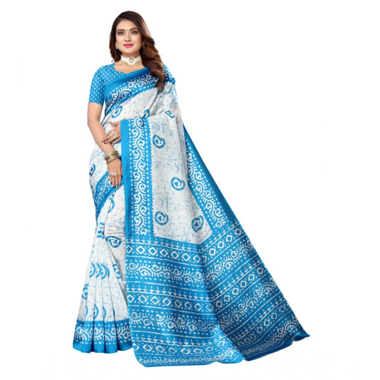 Women's Art Silk Printed Saree With Unstitched Blouse (Blue, 5-6 Mtrs)