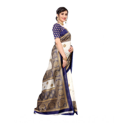 Women's Art Silk Printed Saree With Unstitched Blouse (Navy Blue, 5-6 Mtrs)