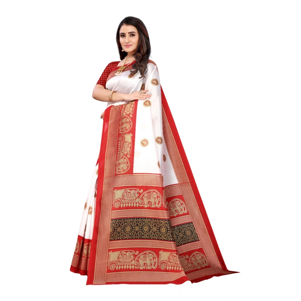 Women's Art Silk Printed Saree With Unstitched Blouse (Red, 5-6 Mtrs)