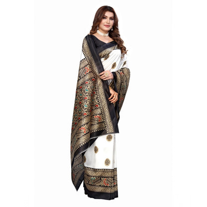 Women's Art Silk Printed Saree With Unstitched Blouse (Black, 5-6 Mtrs)