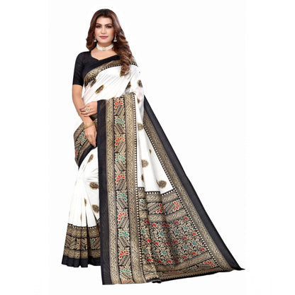 Women's Art Silk Printed Saree With Unstitched Blouse (Black, 5-6 Mtrs)