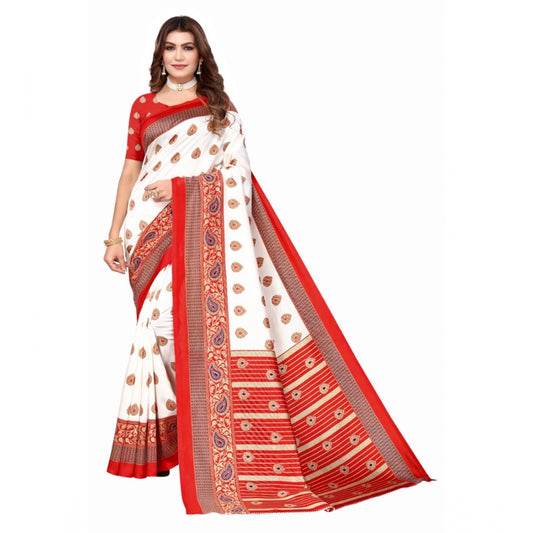 Women's Art Silk Printed Saree With Unstitched Blouse (Red, 5-6 Mtrs)