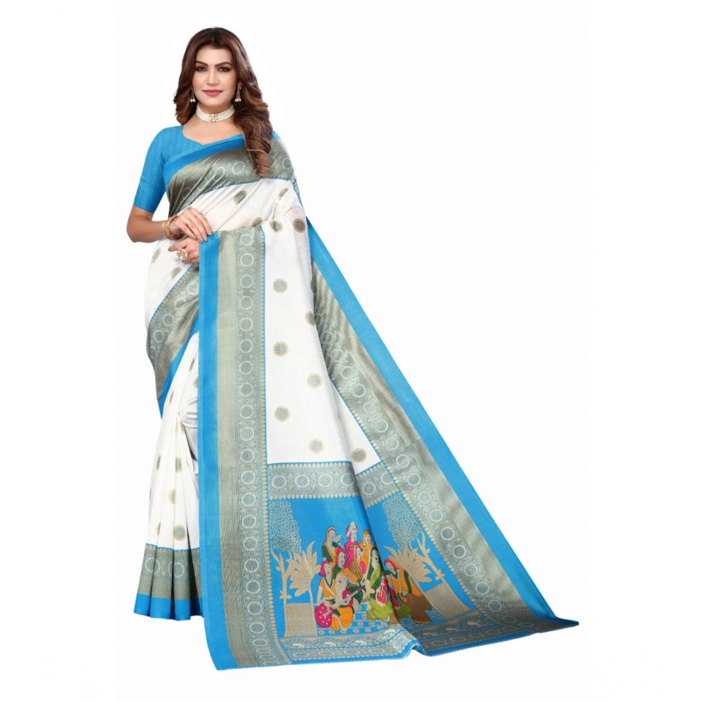 Women's Art Silk Printed Saree With Unstitched Blouse (Blue, 5-6 Mtrs)