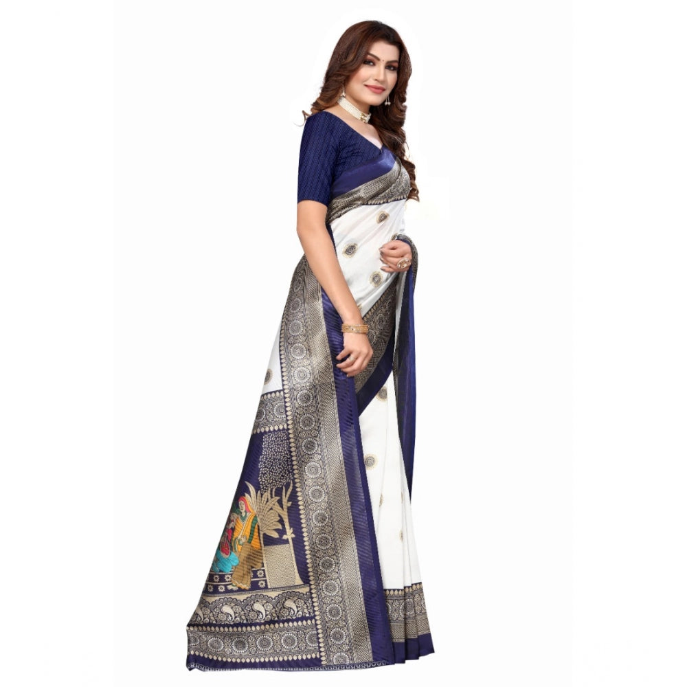 Women's Art Silk Printed Saree With Unstitched Blouse (Navy Blue, 5-6 Mtrs)