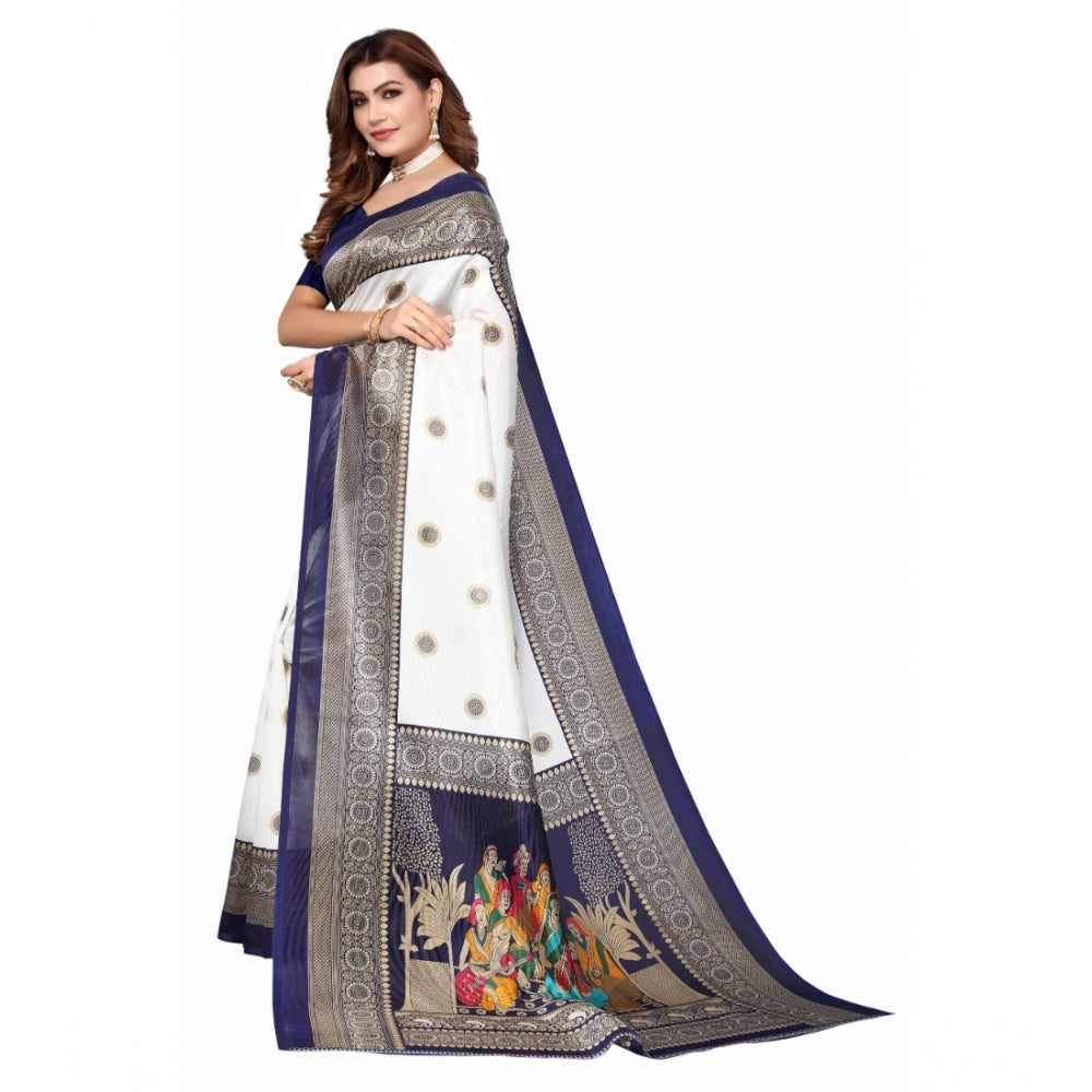 Women's Art Silk Printed Saree With Unstitched Blouse (Navy Blue, 5-6 Mtrs)