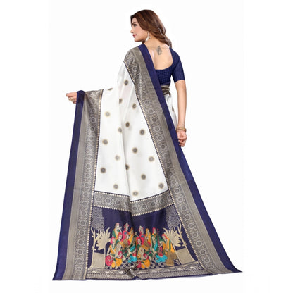 Women's Art Silk Printed Saree With Unstitched Blouse (Navy Blue, 5-6 Mtrs)