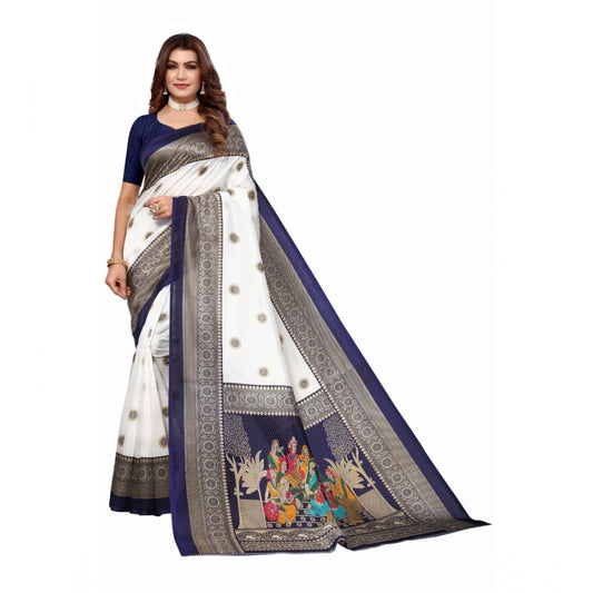 Women's Art Silk Printed Saree With Unstitched Blouse (Navy Blue, 5-6 Mtrs)