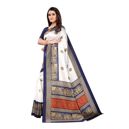 Women's Art Silk Printed Saree With Unstitched Blouse (Navy Blue, 5-6 Mtrs)