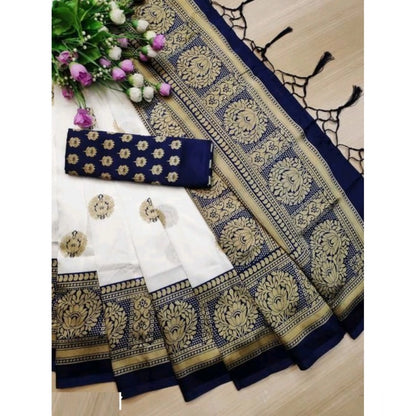 Women's Art Silk Printed Saree With Unstitched Blouse (Navy Blue, 5-6 Mtrs)