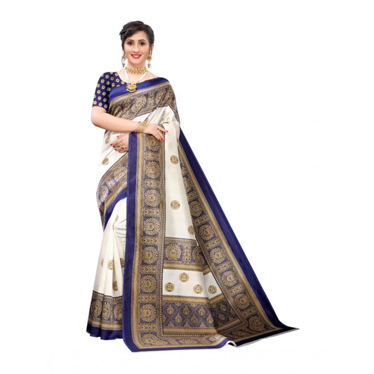 Women's Art Silk Printed Saree With Unstitched Blouse (Navy Blue, 5-6 Mtrs)