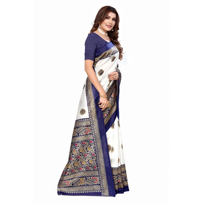 Women's Art Silk Printed Saree With Unstitched Blouse (Navy Blue, 5-6 Mtrs)