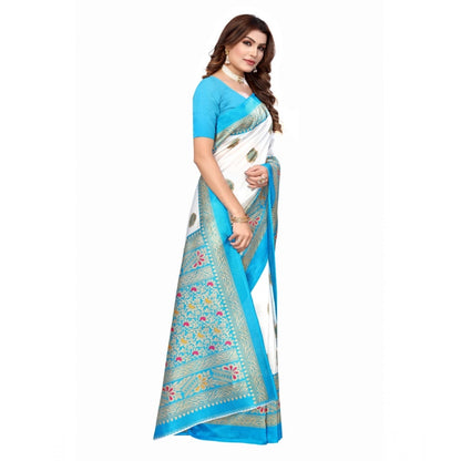 Women's Art Silk Printed Saree With Unstitched Blouse (Blue, 5-6 Mtrs)