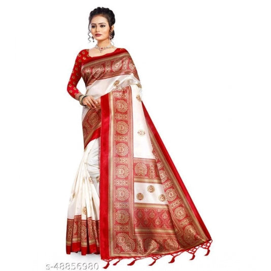 Women's Art Silk Printed Saree With Unstitched Blouse (Red, 5-6 Mtrs)