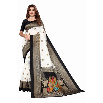 Women's Art Silk Printed Saree With Unstitched Blouse (Black, 5-6 Mtrs)