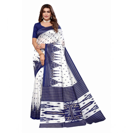 Women's Art Silk Printed Saree With Unstitched Blouse (Navy Blue, 5-6 Mtrs)