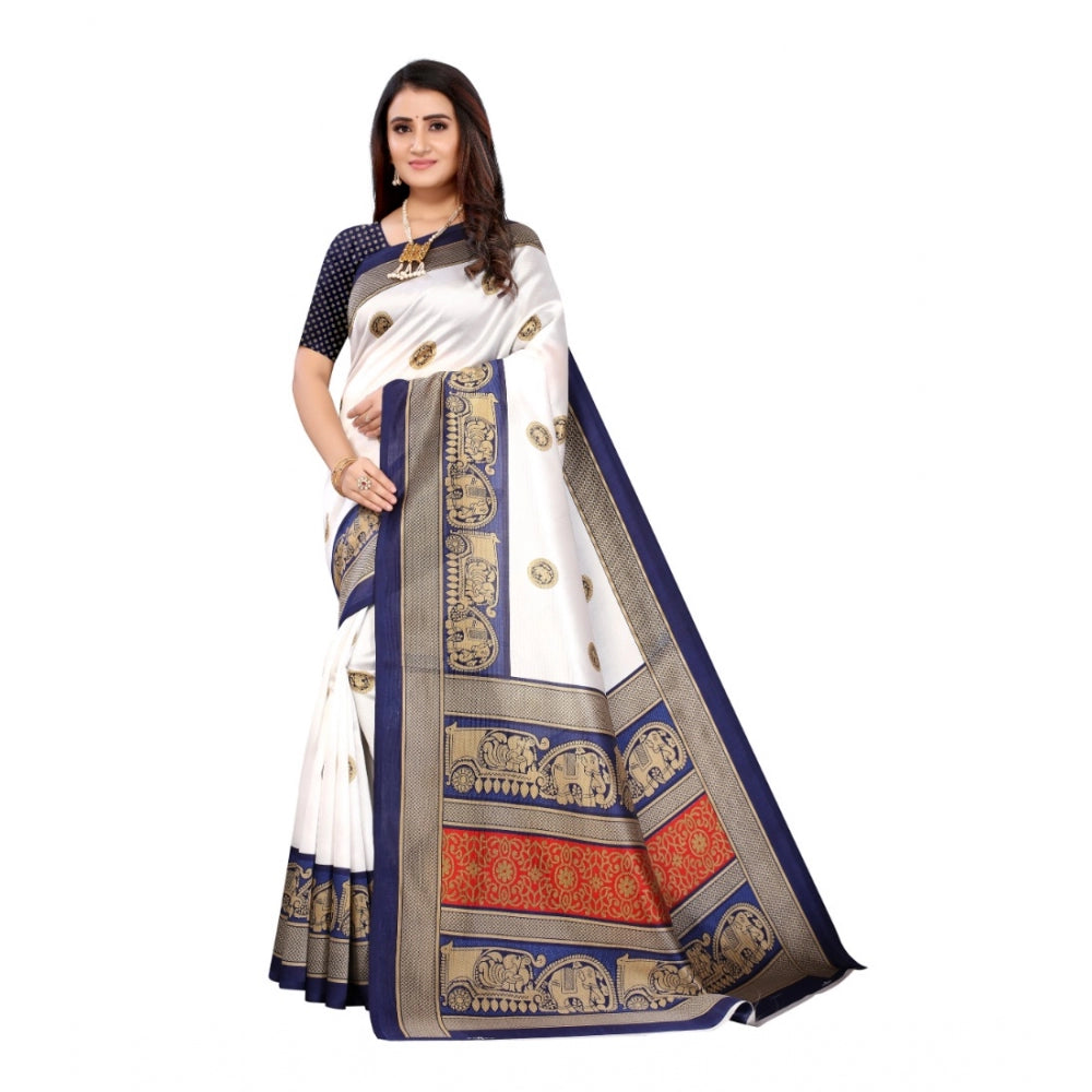 Women's Art Silk Printed Saree With Unstitched Blouse (Navy Blue, 5-6 Mtrs)