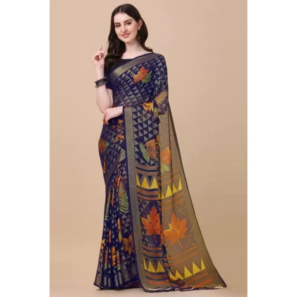 Women's Viscose Rayon Printed Saree With Unstitched Blouse (Navy Blue)