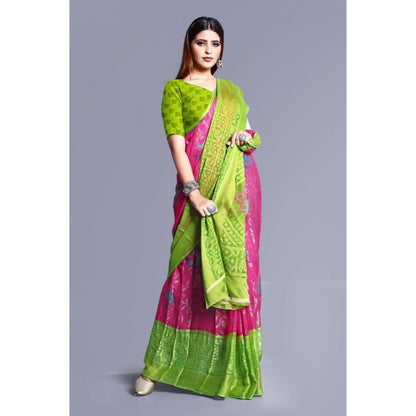 Women's Viscose Rayon Printed Saree With Unstitched Blouse (Pink)