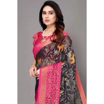 Women's Viscose Rayon Printed Saree With Unstitched Blouse (Navy Blue)