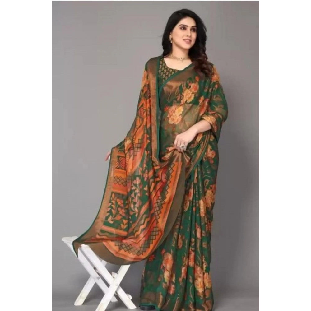 Women's Viscose Rayon Printed Saree With Unstitched Blouse (Green)