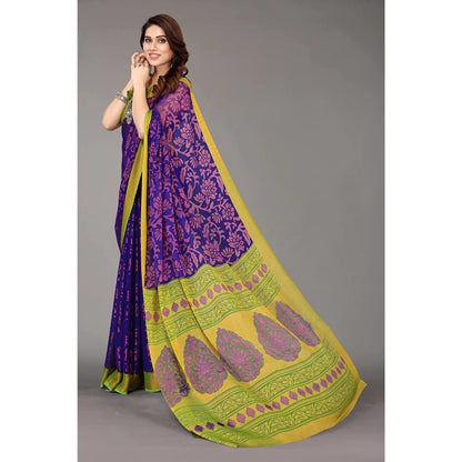 Women's Viscose Rayon Printed Saree With Unstitched Blouse (Blue)