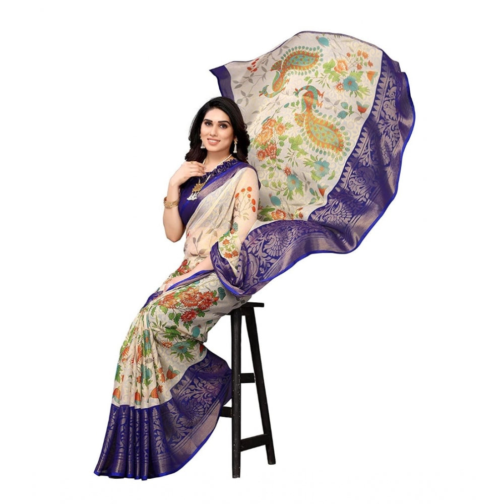 Women's Viscose Rayon Printed Saree With Unstitched Blouse (Blue)