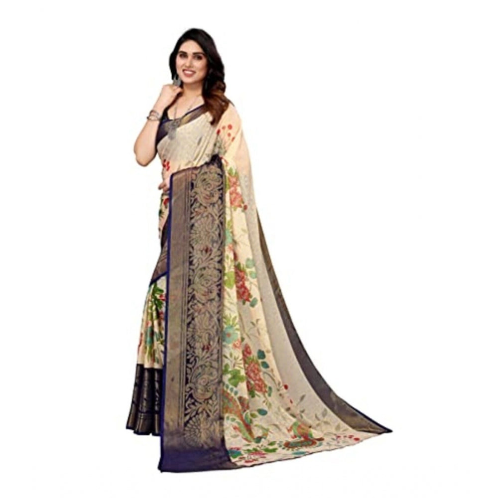 Women's Viscose Rayon Printed Saree With Unstitched Blouse (Navy Blue)