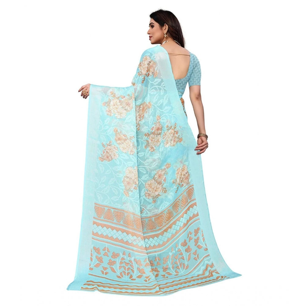 Women's Viscose Rayon Printed Saree With Unstitched Blouse (Sky Blue)