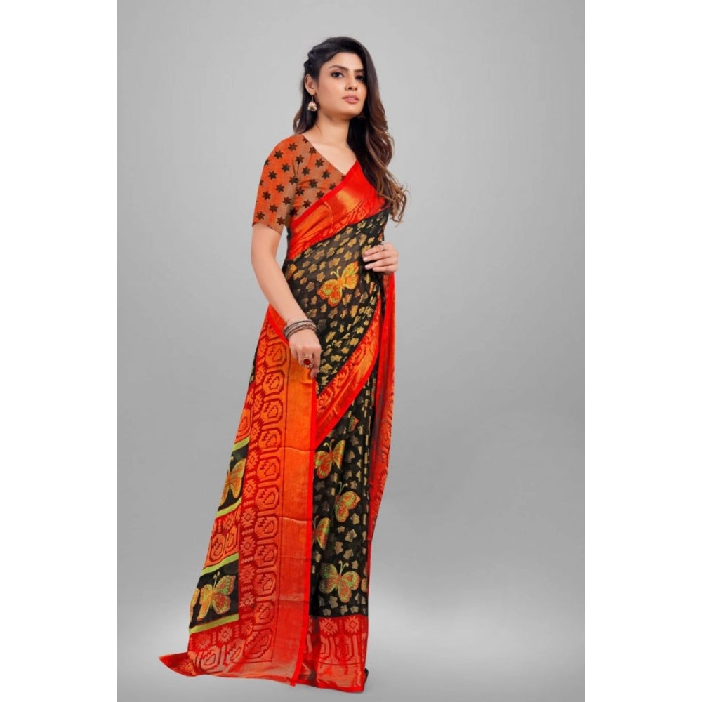 Women's Viscose Rayon Printed Saree With Unstitched Blouse (Black)