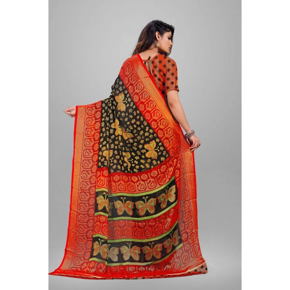 Women's Viscose Rayon Printed Saree With Unstitched Blouse (Black)