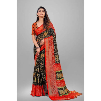 Women's Viscose Rayon Printed Saree With Unstitched Blouse (Black)