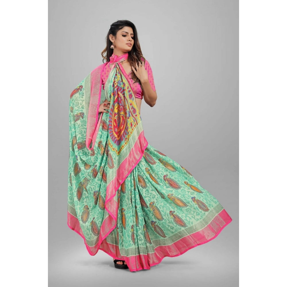 Women's Viscose Rayon Printed Saree With Unstitched Blouse (Teal)