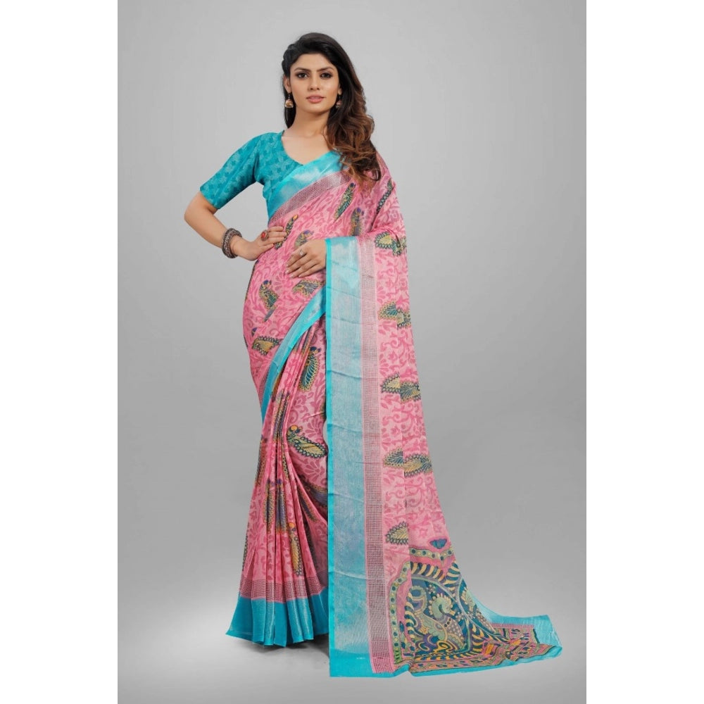 Women's Viscose Rayon Printed Saree With Unstitched Blouse (Pink)