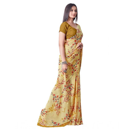 Women's Georgette Printed Saree With Unstitched Blouse (Yellow)