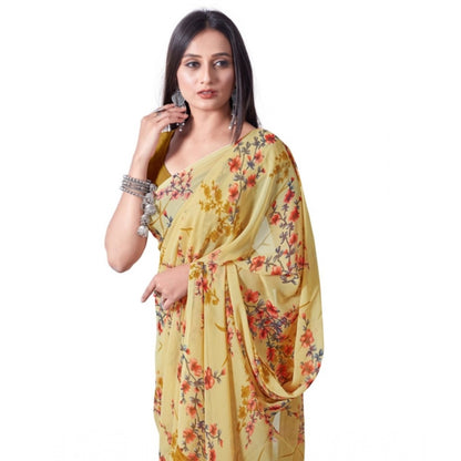 Women's Georgette Printed Saree With Unstitched Blouse (Yellow)