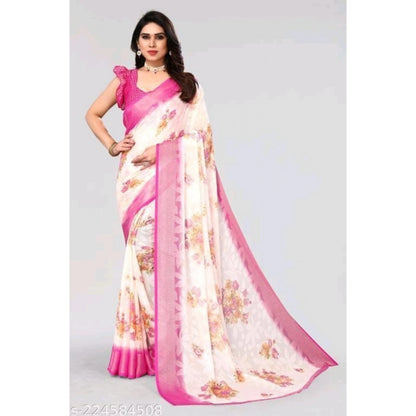 Women's Viscose Rayon Printed Saree With Unstitched Blouse (Pink)