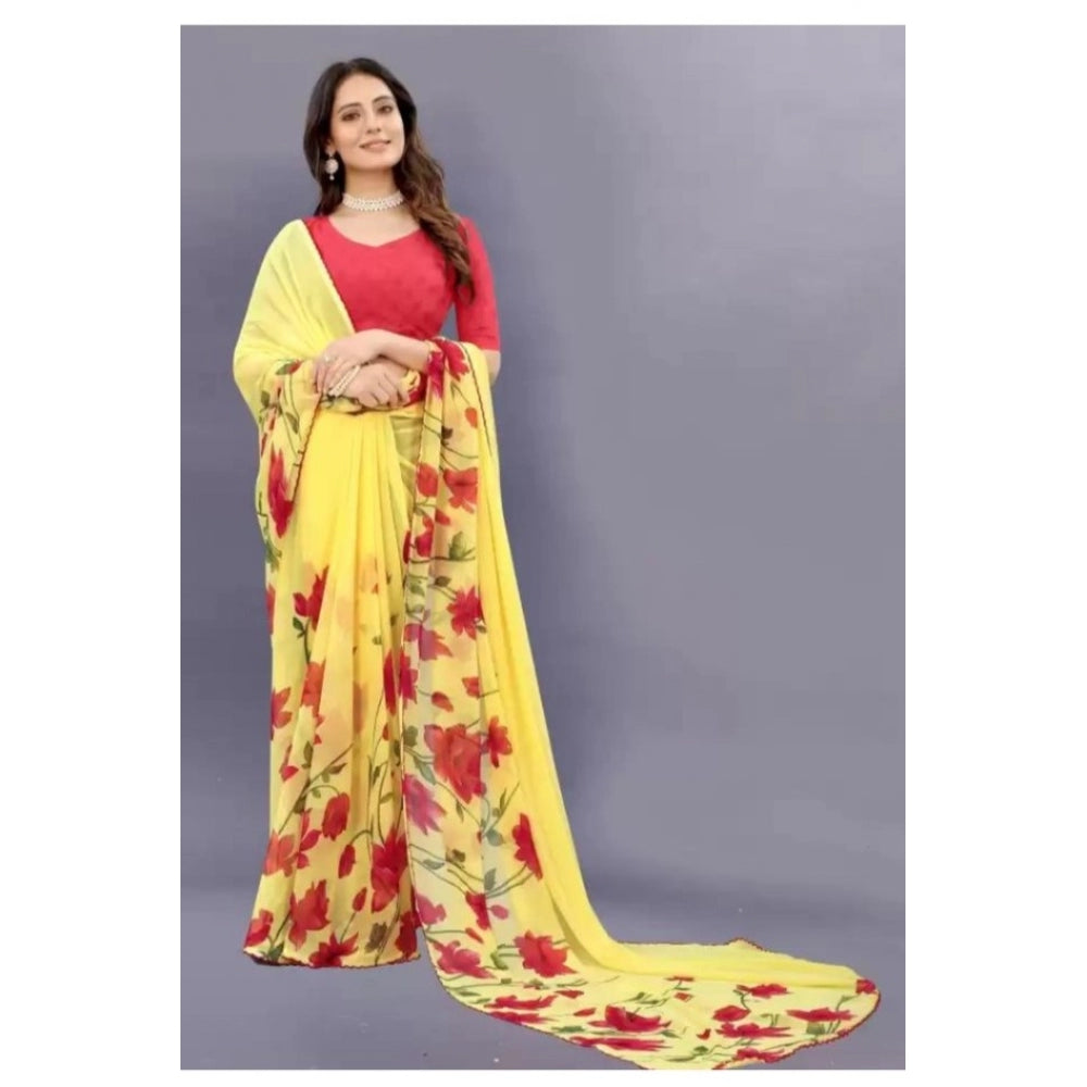 Women's Georgette Printed Saree With Unstitched Blouse (Yellow)